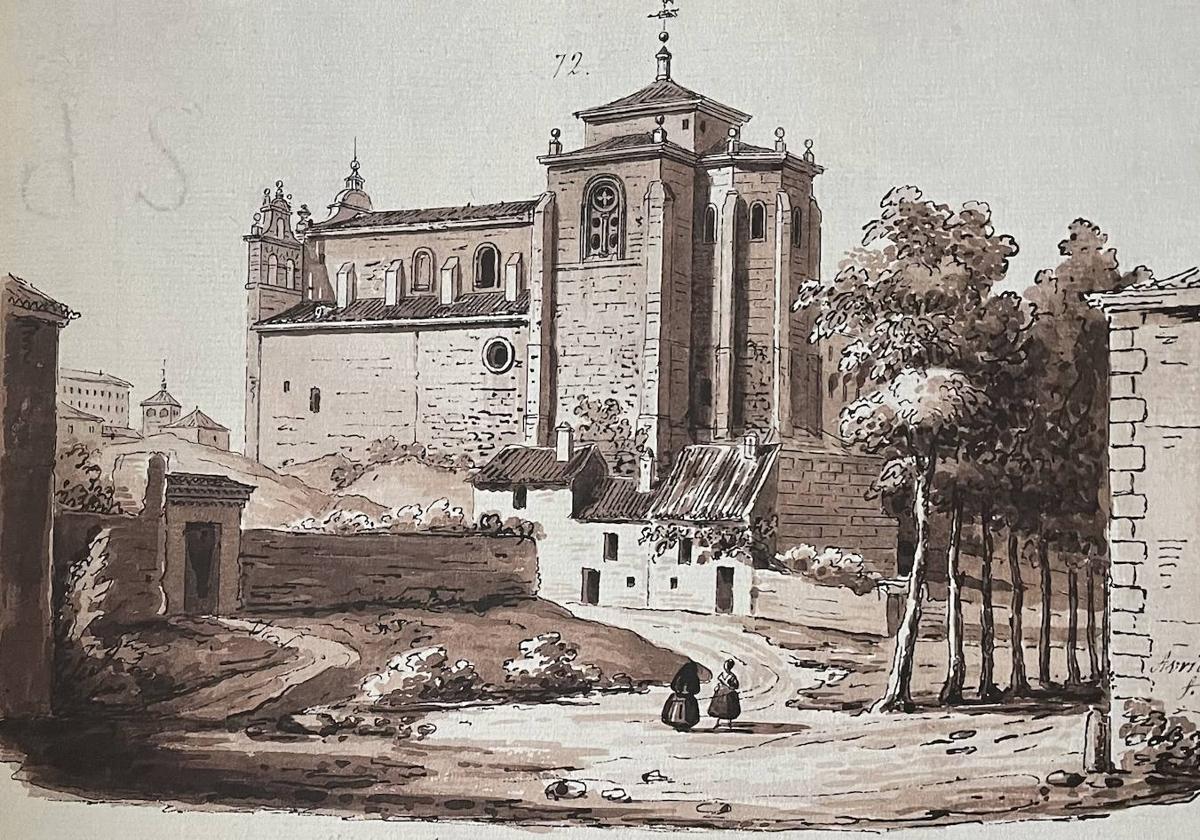 Iglesia del convento de San Agustín, vista por José María Avrial desde la calle del Taray. Hoy solo quedan las ruinas del ábside. Al fondo, a la izquierda, se ve el campanario de San Facundo (Correos).