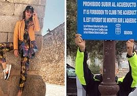 Foto que subió Raquel Sánchez Silva y cartel que prohíbe subirse al Acueducto.