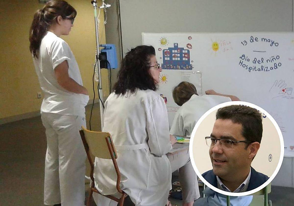 Mural en el área de Pediatría del Hospital General por el día del niño hospitalizado y en el círculo, José Luis Horcajo (PP).