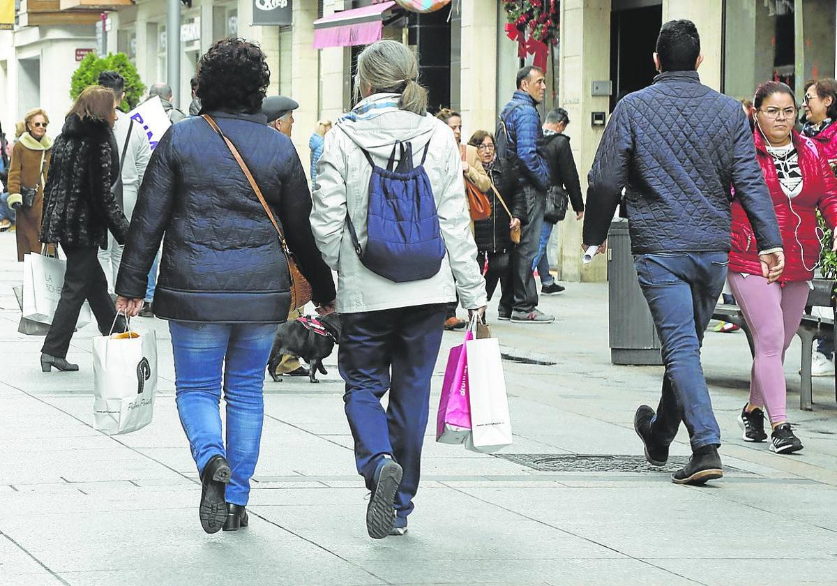 Varias personas pasean y compran por la Calle Mayor.