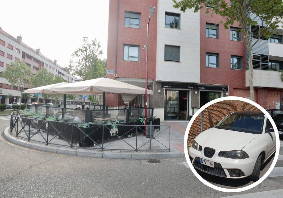 Bar Mestizo donde tuvo lugar el robo en la madrugada del martes. En el círculo, el Seat Ibiza robado.