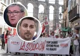 Manifestación del 1 de Mayo del año pasado en Segovia y sobreimpresionados los líderes provinciales de UGT, José Luis Martí y de CC OO, Álex Blázquez.