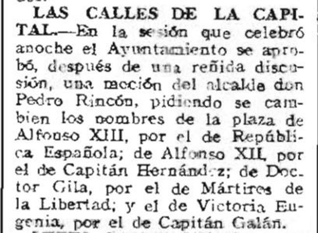 Noticia de El Norte de Castilla, el 25 de abril de 1931, que informa del cambio del nombre de la calle.