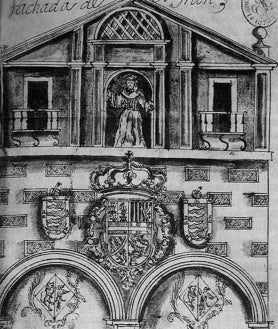 Imagen secundaria 2 - Arriba, el convento de San Francisco en el plano de Ventura Seco de 1738; legajo con la causa del robo y recreación de la portada por Ventura Pérez.