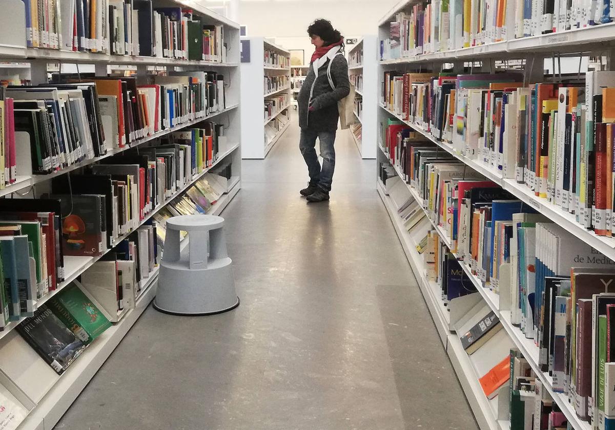 Uno de los pasillos de la Biblioteca Pública de Segovia con una usuaria buscando algún libro.