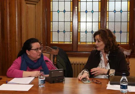 Sonia Ordóñez, portavoz de Ganemos, conversa con Sonia Lalanda, portavoz de Vox, en el pleno.