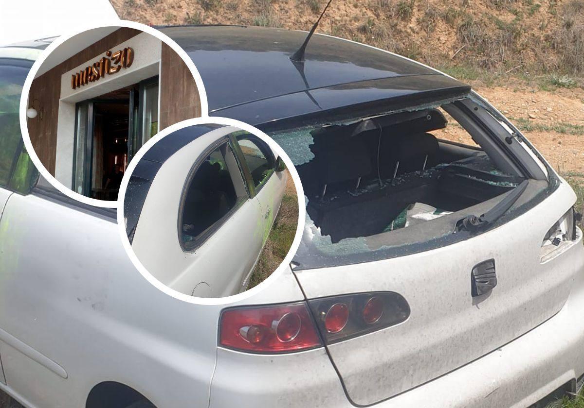 Imágenes del coche robado en Arroyo. En uno de los círculos, el bar que sufrió un robo en Villa de Prado.