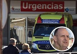 Ambulancia en la entrada de Urgencias del Hospital General de Segovia, y en el círculo, el secretario general del PSOE de la provincia, José Luis Aceves.