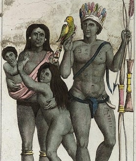 Imagen secundaria 2 - De arriba abajo, detalle del mapa de Munster, de 1532, con caribes practicando el canibalismo, grabado de T. de Bry, y familia caribe dibujada en 1818 por Stedman.