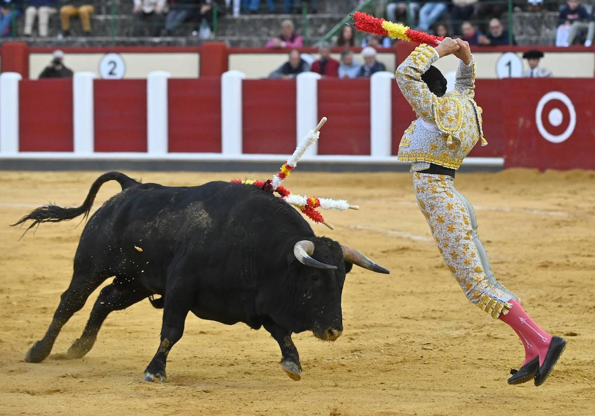 El burgalés Jarocho banderillea al sexto, único novillo al que se le cortó un apéndice.