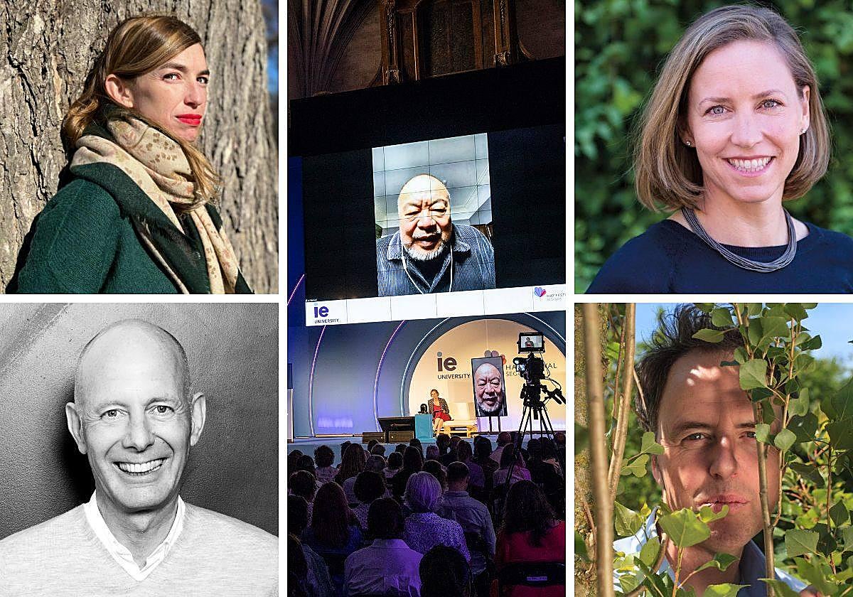 El artista chino Ai Weiwei, en el centro, en una pasada edición del Hay en Segovia. Arriba, la poeta Violeta Gil y Lisa Bevill, directora del IE Center For Health and Happiness. Abajo, los arquitectos Ben Van Berkel y Adriaan Geuze.