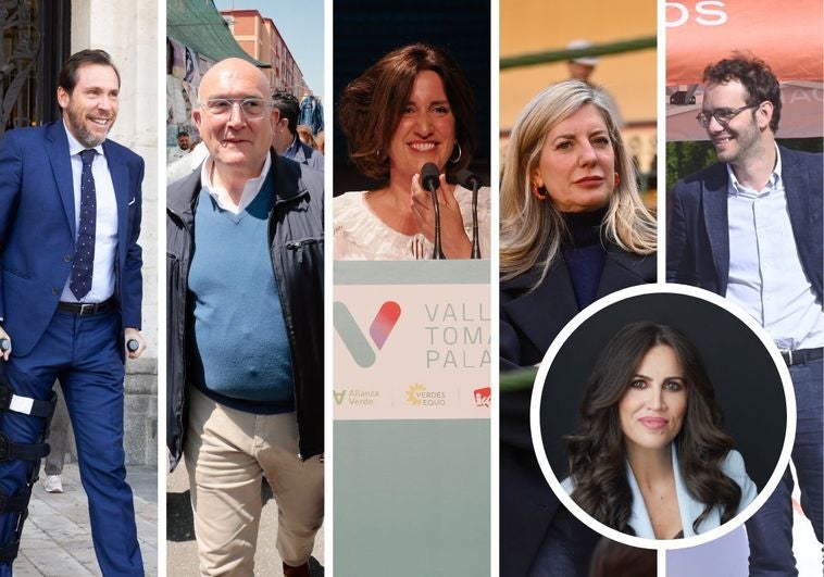 Los candidatos a la alcaldía de Valladolid: Óscar Puente, Jesús Julio Carnero, María Sánchez, Irene Carvajal y Pablo Vicente. En detalle, la experta en comunicación e imagen política, Imelda Rodríguez Escanciano.