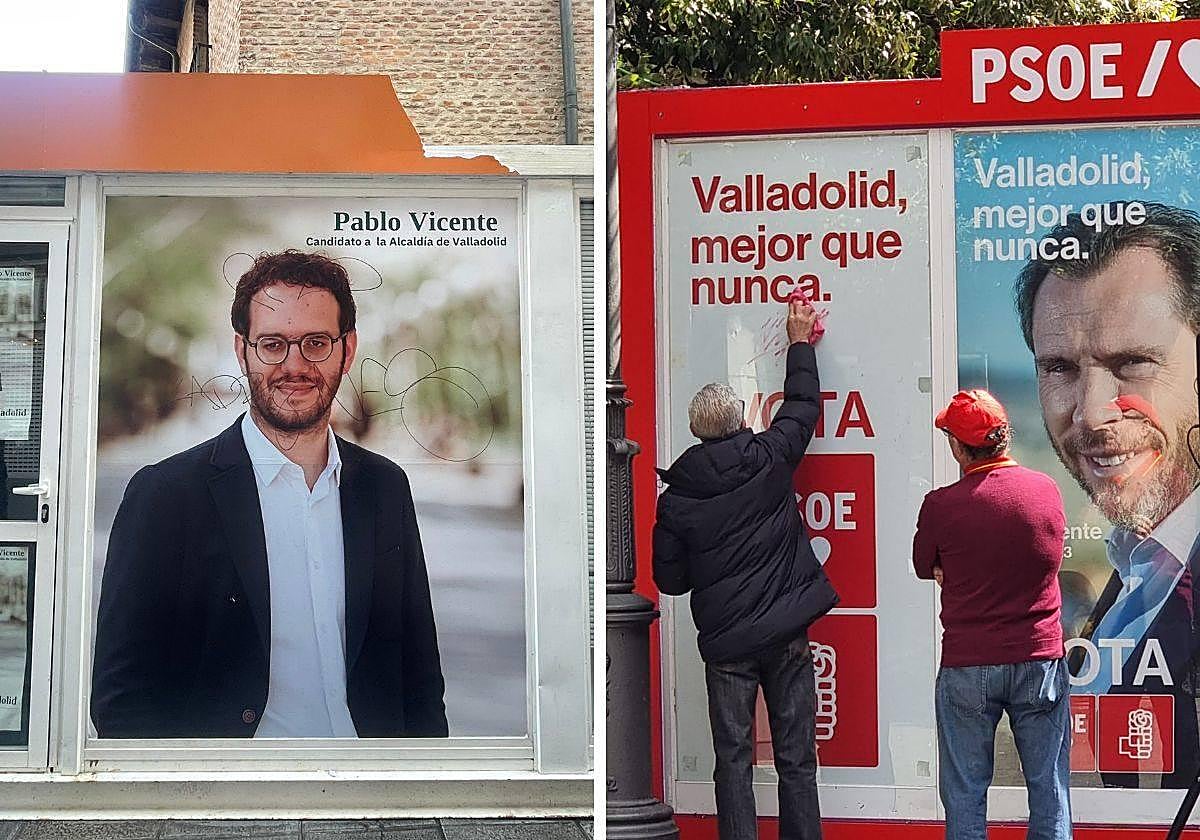 Pintadas en las casetas de Ciudadanos y PSOE en Valladolid, este viernes.
