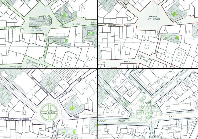 Evolución de la zona de la plaza de San Miguel entre el siglo XVIII y la actualidad, según E. Carazo Lefort (2012).