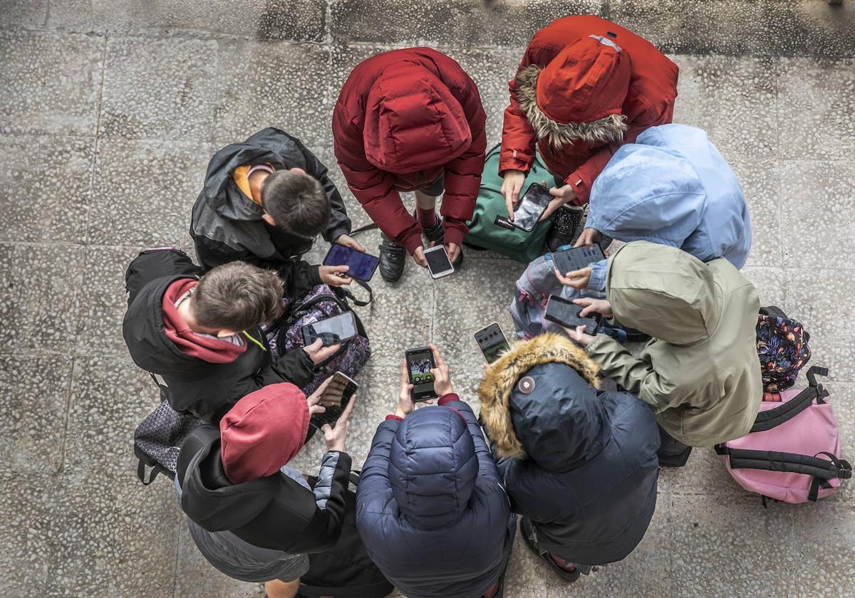 Un grupo de adolescentes consultan sus teléfonos móviles.