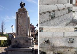 A la izquierda, la fuente emblemática de Aguilafuente: A la derecha, detalles de los grifos robados.