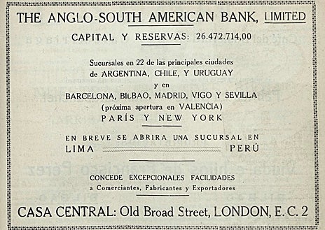 Imagen secundaria 1 - Anuncio del Banco Hispano Americano cuando se instaló en Valladolid y anuncio y sede del Anglo South American Bank, Limited.
