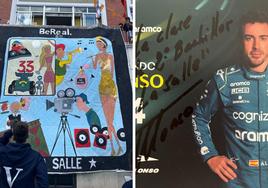 Mural realizado por los alumnos de segundo de Bachillerato para las fiestas y el autógrafo que Fernando Alonso les envió como agradecimiento.