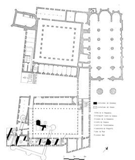 Imagen secundaria 2 - Arriba, cubo y liza del Alcazarejo. Debajo, la estructura conservaba en las dependencias municipales y plano (derecha) de los vestigios localizados bajo el monasterio de San Benito. 