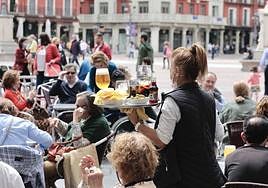 Una camarera sujeta una bandeja en una terraza de la Plaza Mayor de Valladolid.
