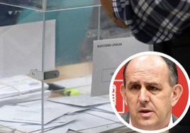 Una urna con papeletas depositadas durante la jornada electoral del 28 de mayo, y en el círculo, José Luis Aceves, secretario general del PSOE de Segovia.