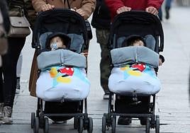 Una pareja pasea a sus bebés por una céntrica calle de Segovia.