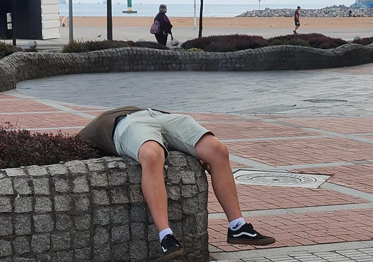 El hombre dormido sobre una jardinera instantes antes de que le despertaron los agentes.