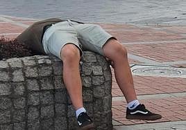 El hombre dormido sobre una jardinera instantes antes de que le despertaron los agentes.