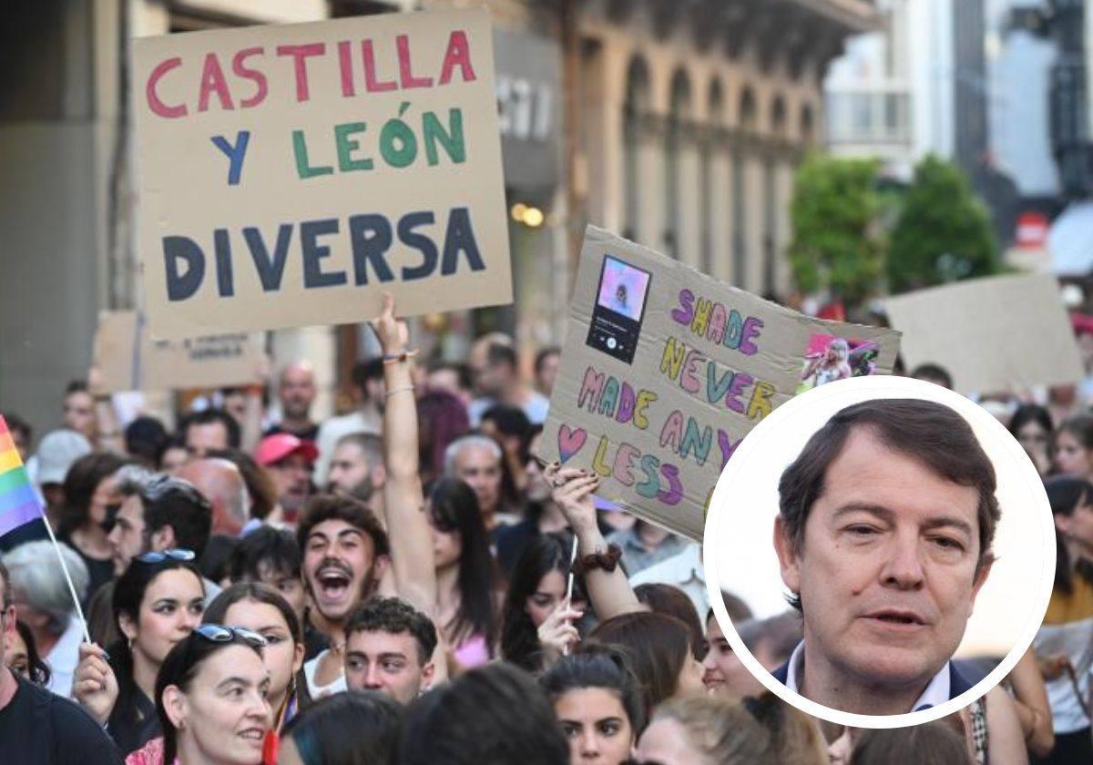 Celebración del día del Orgullo LGTBI el año pasado en Valladolid. En el círculo, el presidente de la Junta, Alfonso Fernández Mañueco.