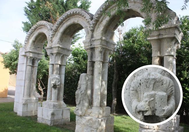 Arcos de la iglesia de Ceinos, al final de la calle Mota, y detalle de uno de los arcos que muestra una representación de San Juan Evangelista.