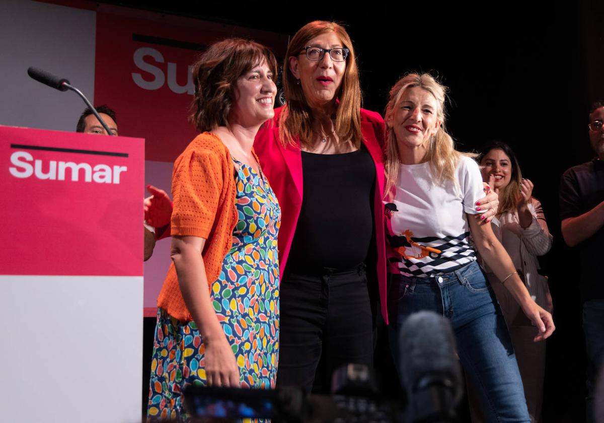 Yolanda Díaz, junto a María Sánchez y Marina Echebarría, la cabeza de lista al Senado de Sumar en Valladolid