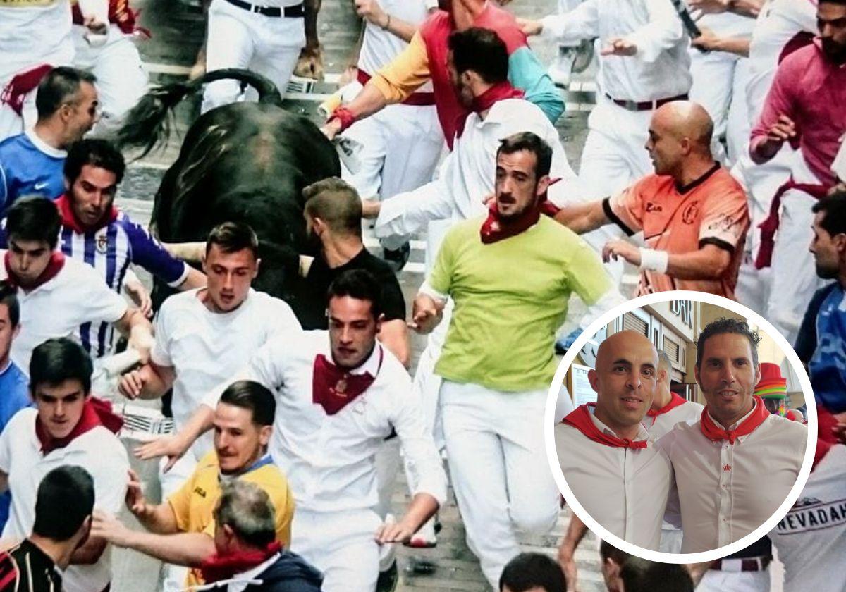 El corredor Fernando del Valle (con la camiseta del Real Valladolid) y Luis Prieto (con camiseta naranja) durante uno de los encierros de San Fermín. En detalle, ambos aficionados en Pamplona.