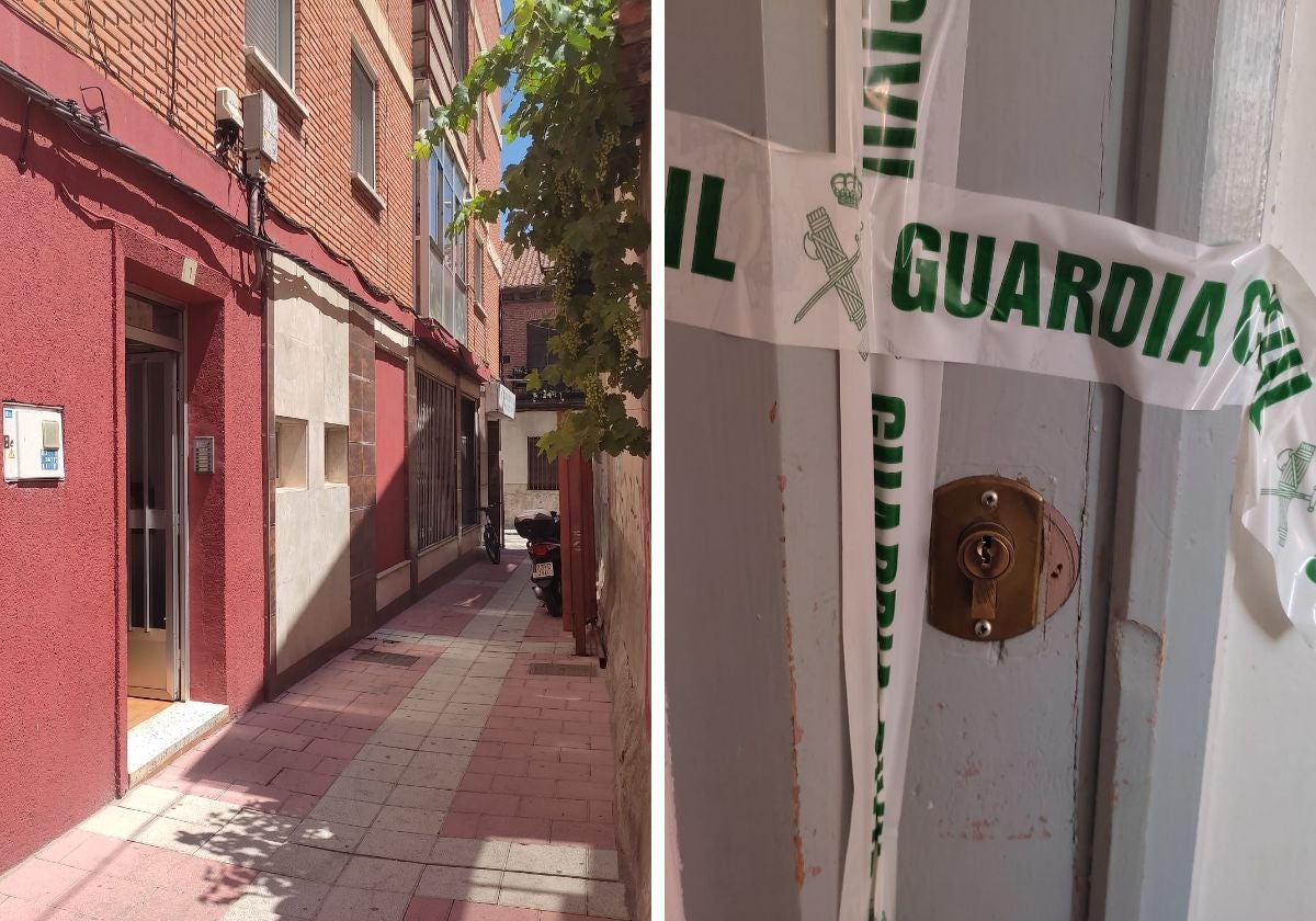 En la foto de la izquierda, calle en la que se ha detenido a la mujer investigada; a la derecha, la puerta del domicilio precintada.