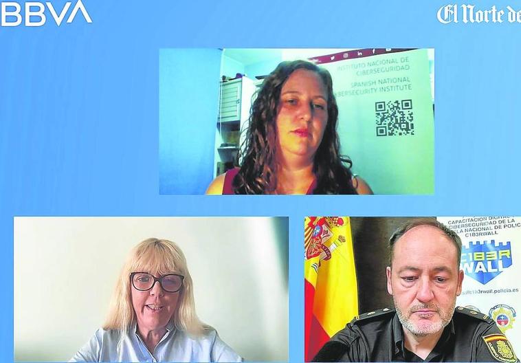 Miriam Puente (arriba), Laura del Pino y Casimiro Nevado, en un momento del webinar de BBVA y El Norte de Castilla.