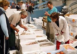 Una veterinaria revisa pescado en una lonja.