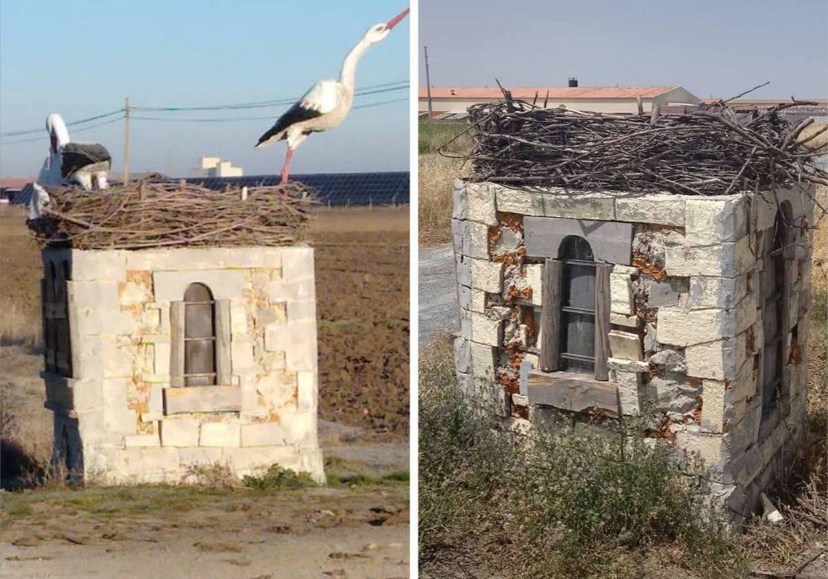 A la izquierda, la instalación original con las figuras de dos cigüeñas sobre el hito; a la derecha, las esculturas han sido arrancadas tras el acto vandálico.