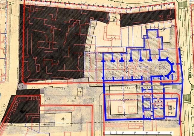 Fotomontaje de planos y planteamiento de trazas del convento, realizado por O. Burón y J. C. Urueña.