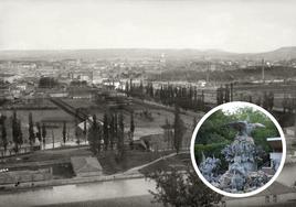 Principal: Panorámica de la dársena hacia 1915. A la derecha, la chimenea y naves de la Fundicion. En el círculo: Fuente del cisne.