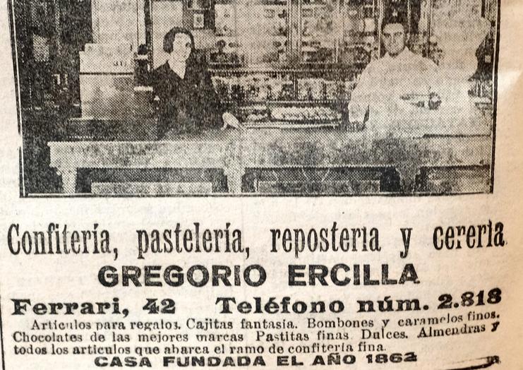 Imagen principal - Anuncio de 1929 en El Norte de Castilla de la confitería de Gregorio Ercilla. Facturas del comercio de los años cincuenta y Jaime Ercilla Azpeitia, gerente de Perfumería Ercilla.