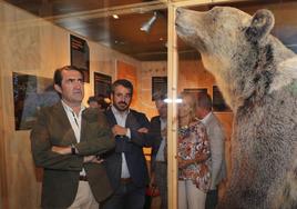 El consejero Quiñones, junto al alcalde de Cervera, observa el oso 'Pintojo' en la Casa del Parque de Cervera.