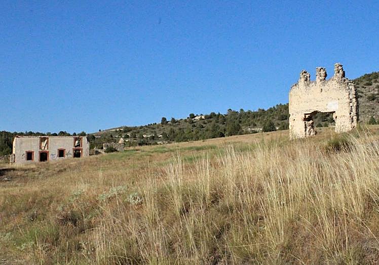 Imagen principal - Arriba, estado actual del núcleo de Negueruela. Abajo a la izquierda, Jesús Pastor frente al Palacio de los González de Sepúlveda. A la derecha, ruedas de tractor abandonadas entre la maleza.