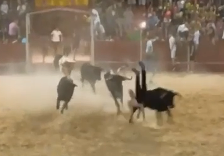 Cogida del joven por parte del novillo en la plaza de San Lorenzo.