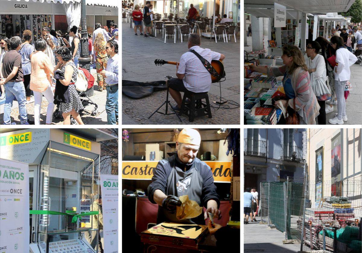 Arriba, por la izquierda, la Feria Pronatura, un músico callejero y la Feria del Libro; abajo, un quiosco de la ONCE, un puesto de castañas y acopio de material de obra en el Cervantes.