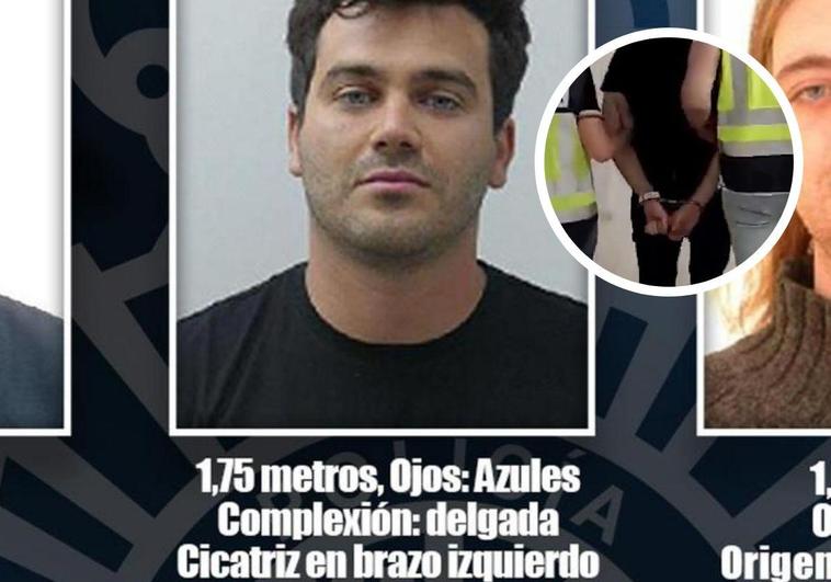 Manuel Herrero Muñoz, en el cartel de los más buscados. En detalle, dos policías se lo llevan esposado después de que se entregara.