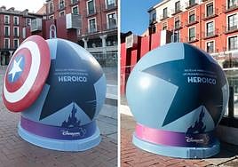 A la izquierda, el contenedor completo tras su instalación el viernes. A la derecha, el contenedor despojado de su escudo.