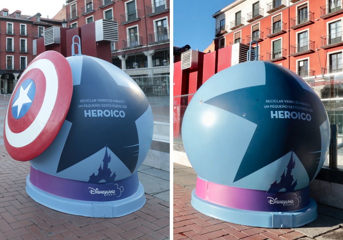 A la izquierda, el contenedor completo tras su instalación el viernes. A la derecha, el contenedor despojado de su escudo.