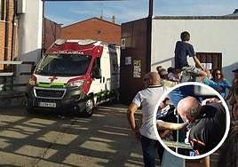 La ambulancia que ha trasladado al herido, en la puerta de la plaza de toros y el momento de la cogida.