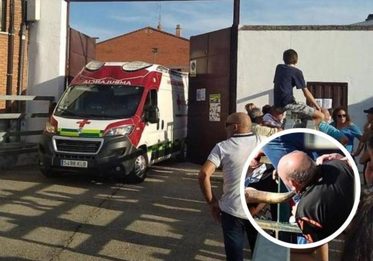 La ambulancia que ha trasladado al herido, en la puerta de la plaza de toros y el momento de la cogida.