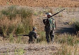 Dos cazadores buscan presas en un campo de la provincia.