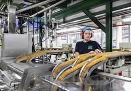 Una trabajadora en un línea de una fábrica de Galletas Gullón.
